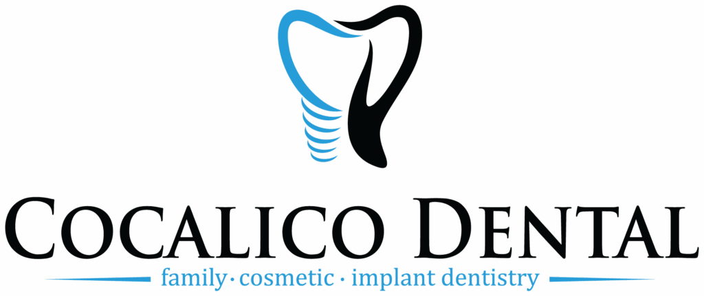 A logo displays a stylized tooth with an implant design above the text “Cocalico Dental.” The tagline “family · cosmetic · implant dentistry” appears beneath the name in blue text.