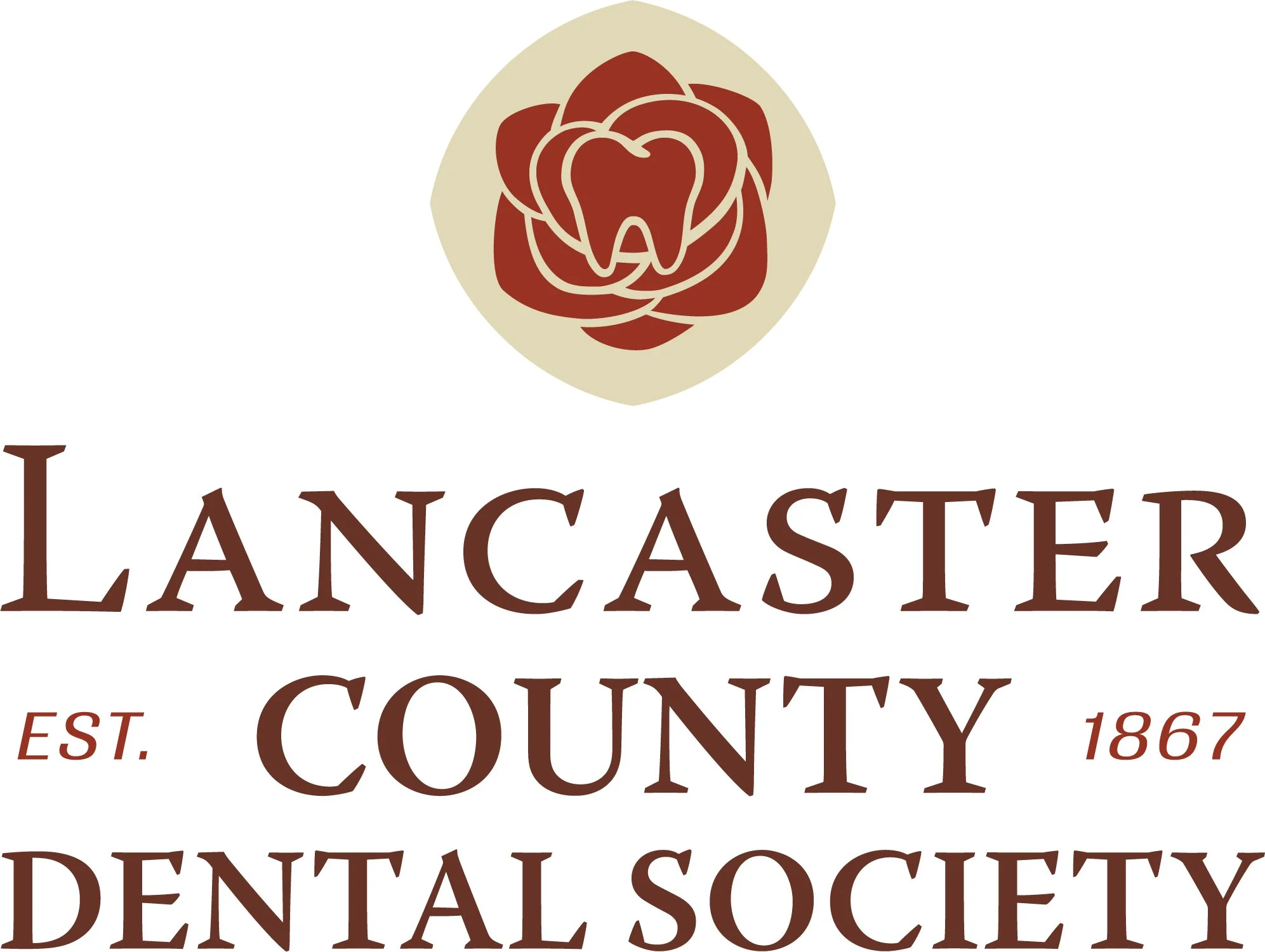 A logo displays a stylized rose with the text “Lancaster County Dental Society.” The design represents a professional dental organization.